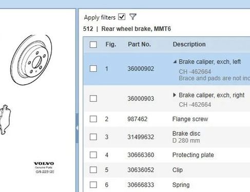 VOLVO S40 2 generation (2004-2012) Ľavý zadný brzdový strmeň 36000902 23720516